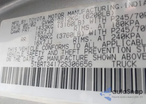 2002 Toyota Tundra Sr5 V8 from USA, damaged, VIN 5TBRT34172S306656